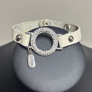 Natasha Couture Cream Leather Bracelet with Silver Crystal Circle
